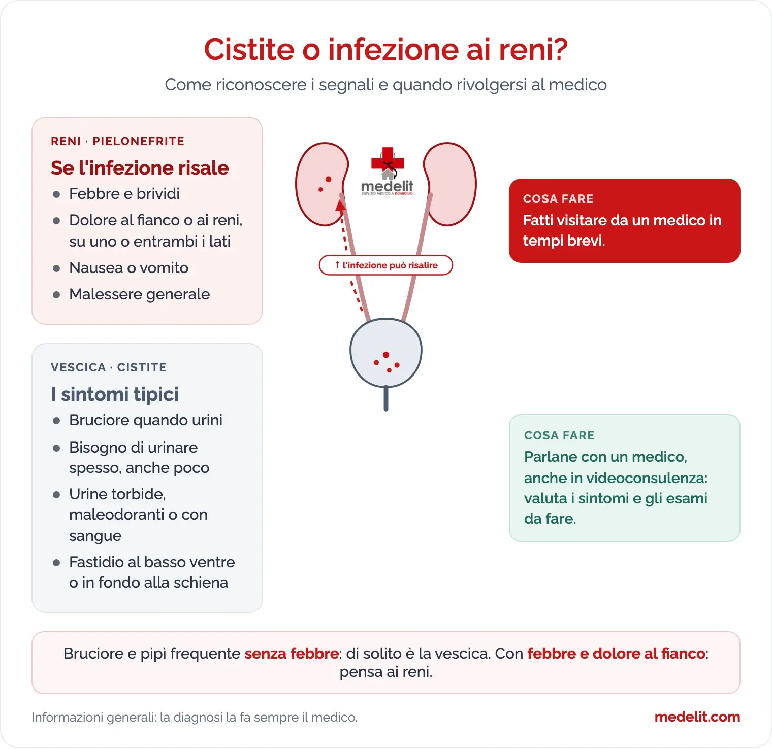 Infografica Medelit: cistite o infezione ai reni? Come riconoscere i segnali e quando rivolgersi al medico